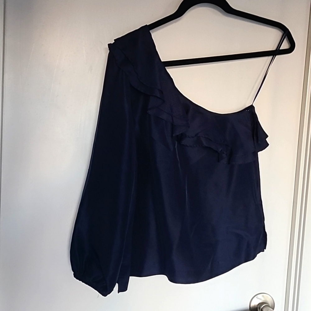 EUC s.2 J.Crew one shoulder navy silk blouse